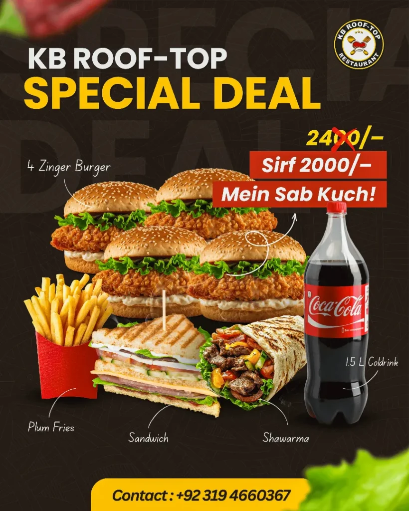 Two zinger burgers with fries, sandwich and shawarma combo deal