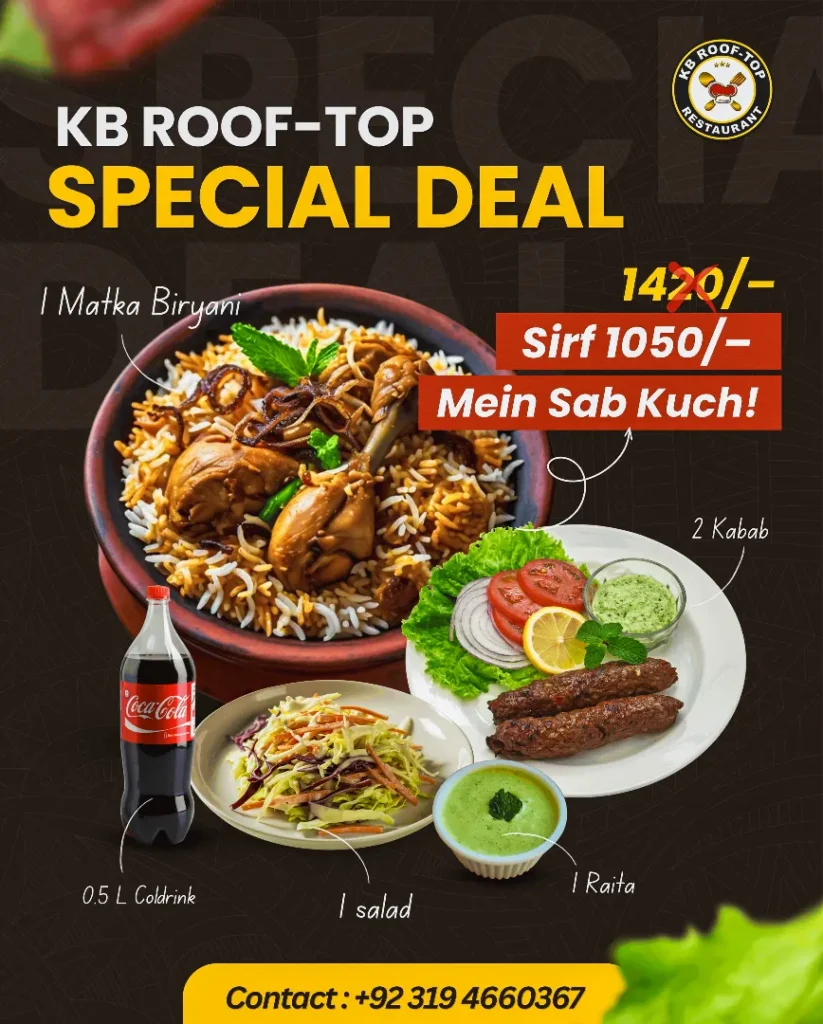 Matka Chicken Biryani deal with kebab, salad and raita at KB Rooftop Restaurant