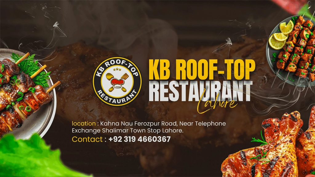 KB Rooftop Restaurant banner showing grilled food and rooftop dining
